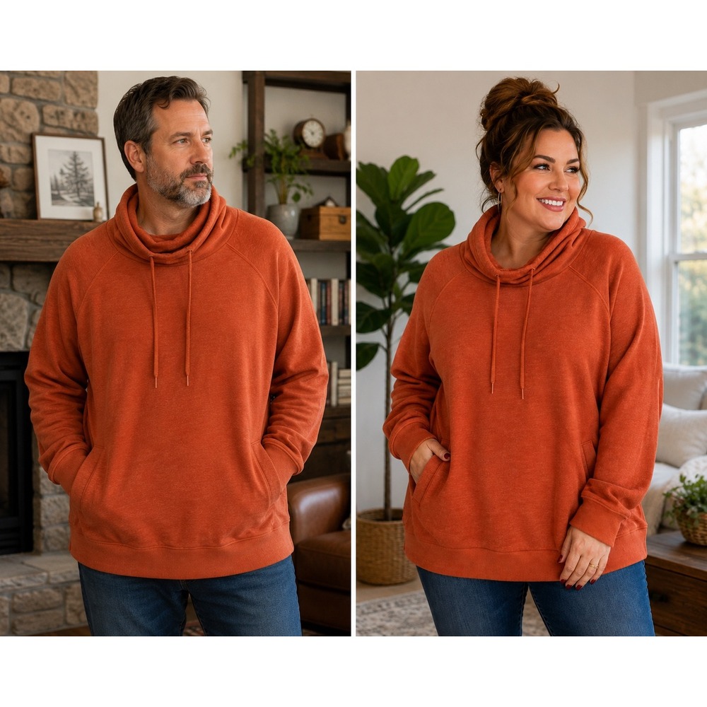 Tek Gear 2X Ultrasoft Fleece Pullover Rust Orange Cowl Neck Sweatshirt Unisex